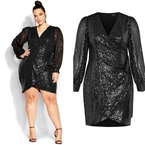 New! City Chic Nadia Dress sequin‎ long sleeve black, plus size 24 - Picture 2 of 15
